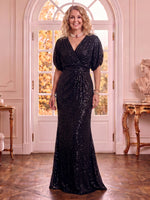 V Neck Sequin Mermaid Half Sleeves Mother of the Bride Dresses