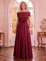 Off the Shoulder Satin Sleeveless A Line Jacquard Mother of the Bride Dresses with Pleated