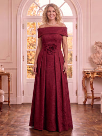 Off the Shoulder Satin Sleeveless A Line Jacquard Mother of the Bride Dresses with Pleated