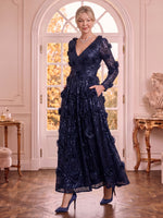 V Neck Sequins Long Sleeves A Line 3D Flowers Mother of the Bride Dresses