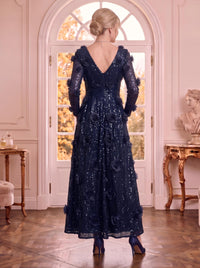 V Neck Sequins Long Sleeves A Line 3D Flowers Mother of the Bride Dresses