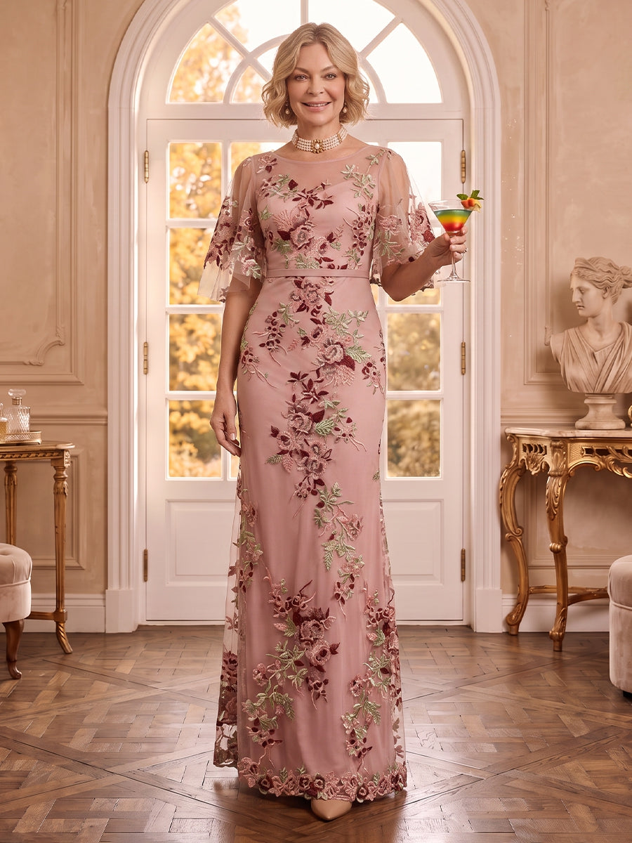 Scoop Neck Tulle Mermaid Short Sleeves Embroidery Mother of the Bride Dresses
