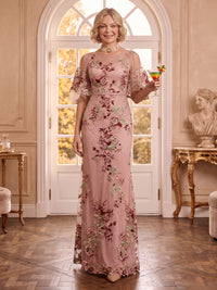 Scoop Neck Tulle Mermaid Short Sleeves Embroidery Mother of the Bride Dresses