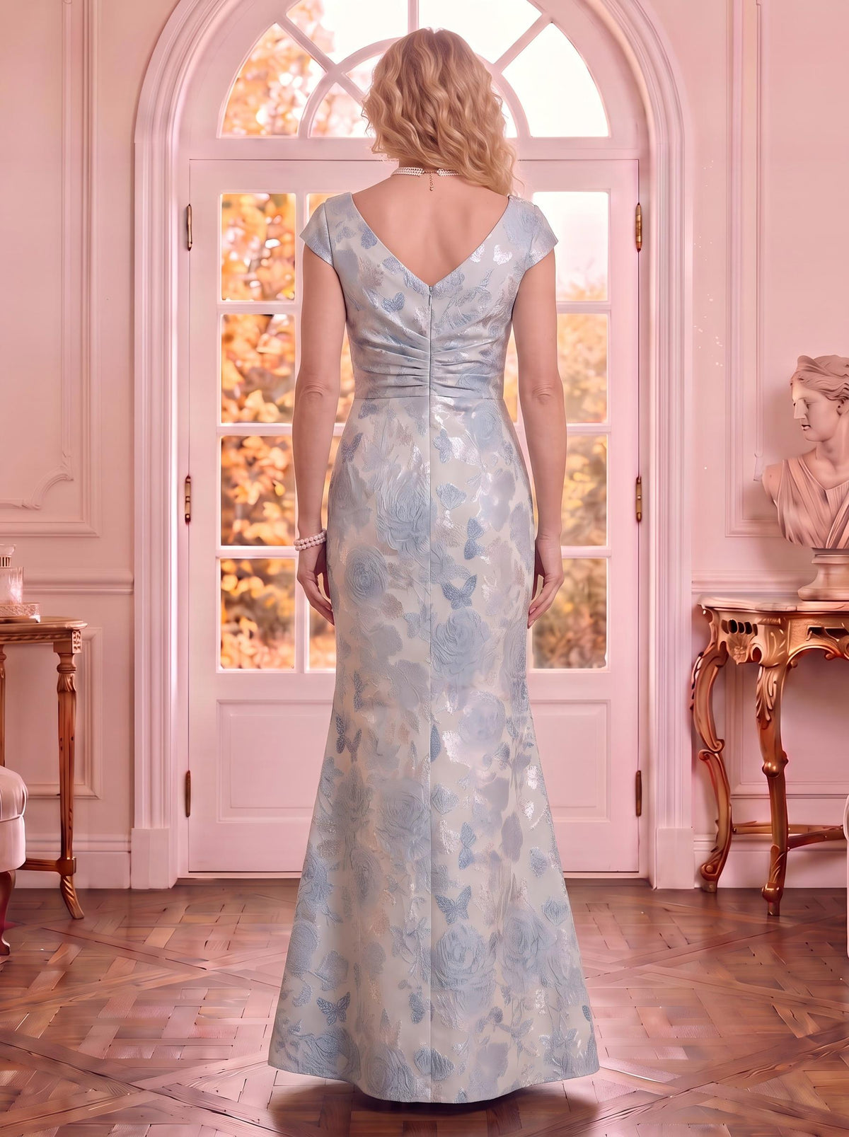 Satin V Neck Sleeveless Mermaid Jacquard Mother of the Bride Dresses