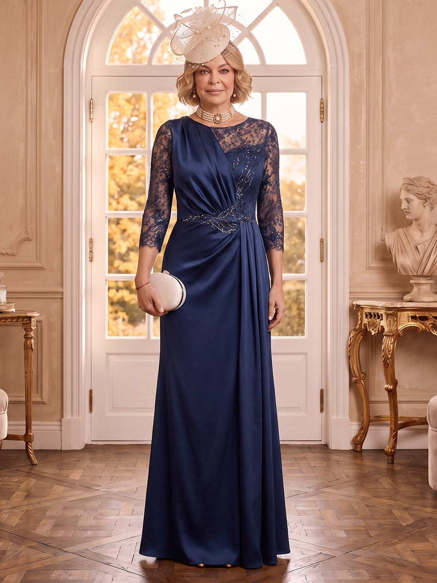 Scoop Neck Satin A Line 3/4 Sleeves Laec Applique Mother of the Bride Dresses