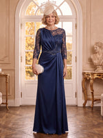 Scoop Neck Satin A Line 3/4 Sleeves Laec Applique Mother of the Bride Dresses