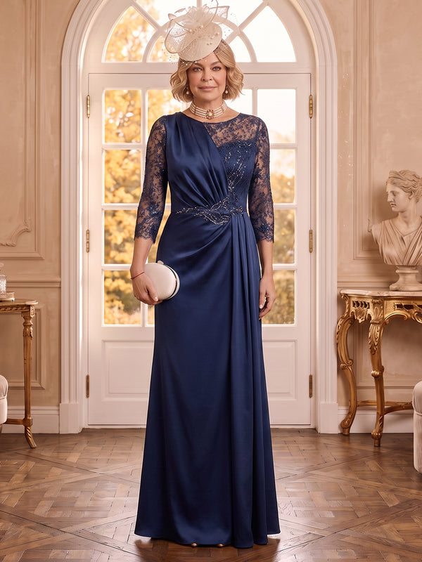 Scoop Neck Satin A Line 3/4 Sleeves Laec Applique Mother of the Bride Dresses