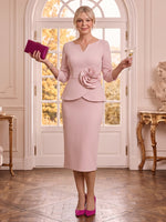 V Neck Satin 3/4 Sleeves Mermaid Mother of the Bride Dresses with Flower