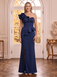 Satin One Shoulder Sleeveless Mermaid Ruched Mother of the Bride Dresses with Slit
