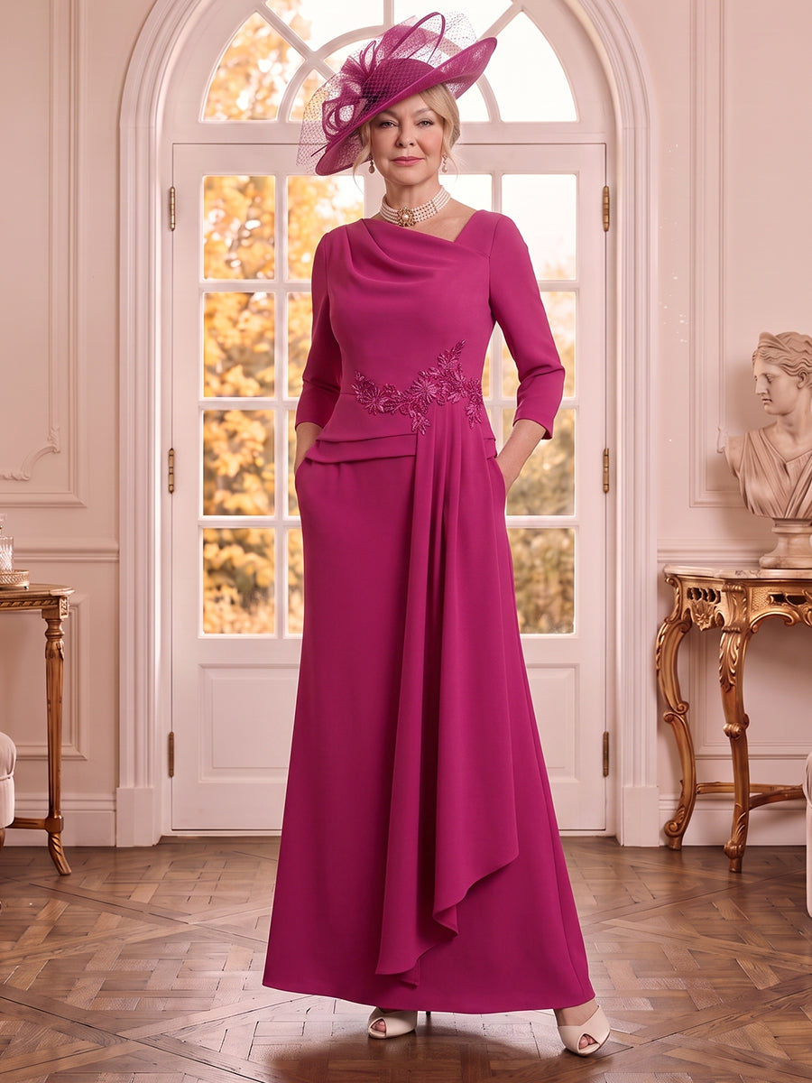 Satin 3/4 Sleeves A Line Embroidery Mother of the Bride Dresses