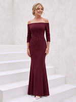 Off the Shoulder Satin Mermaid 3/4 Sleeves Embroidery Mother of the Bride Dresses