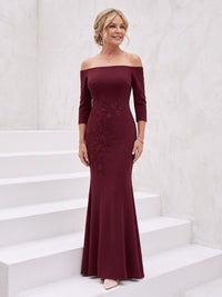 Off the Shoulder Satin Mermaid 3/4 Sleeves Embroidery Mother of the Bride Dresses