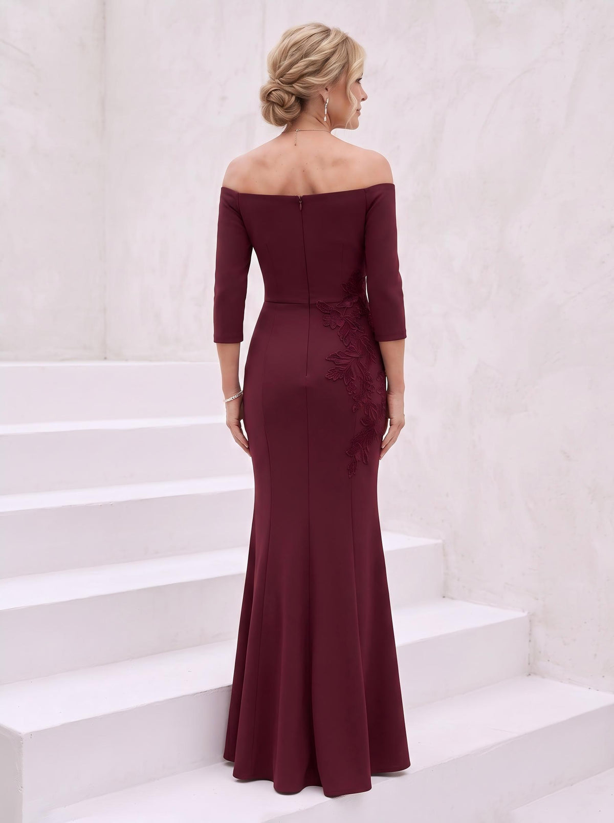 Off the Shoulder Satin Mermaid 3/4 Sleeves Embroidery Mother of the Bride Dresses