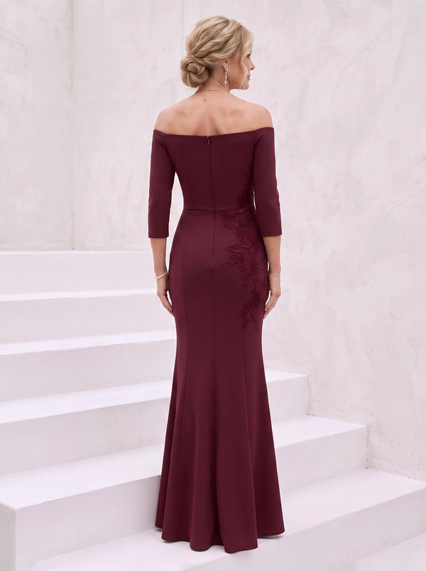 Off the Shoulder Satin Mermaid 3/4 Sleeves Embroidery Mother of the Bride Dresses