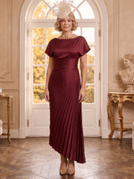 Satin Jewel Short Sleeves Mermaid Mother of the Bride Dresses with Pleated