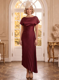 Satin Jewel Short Sleeves Mermaid Mother of the Bride Dresses with Pleated