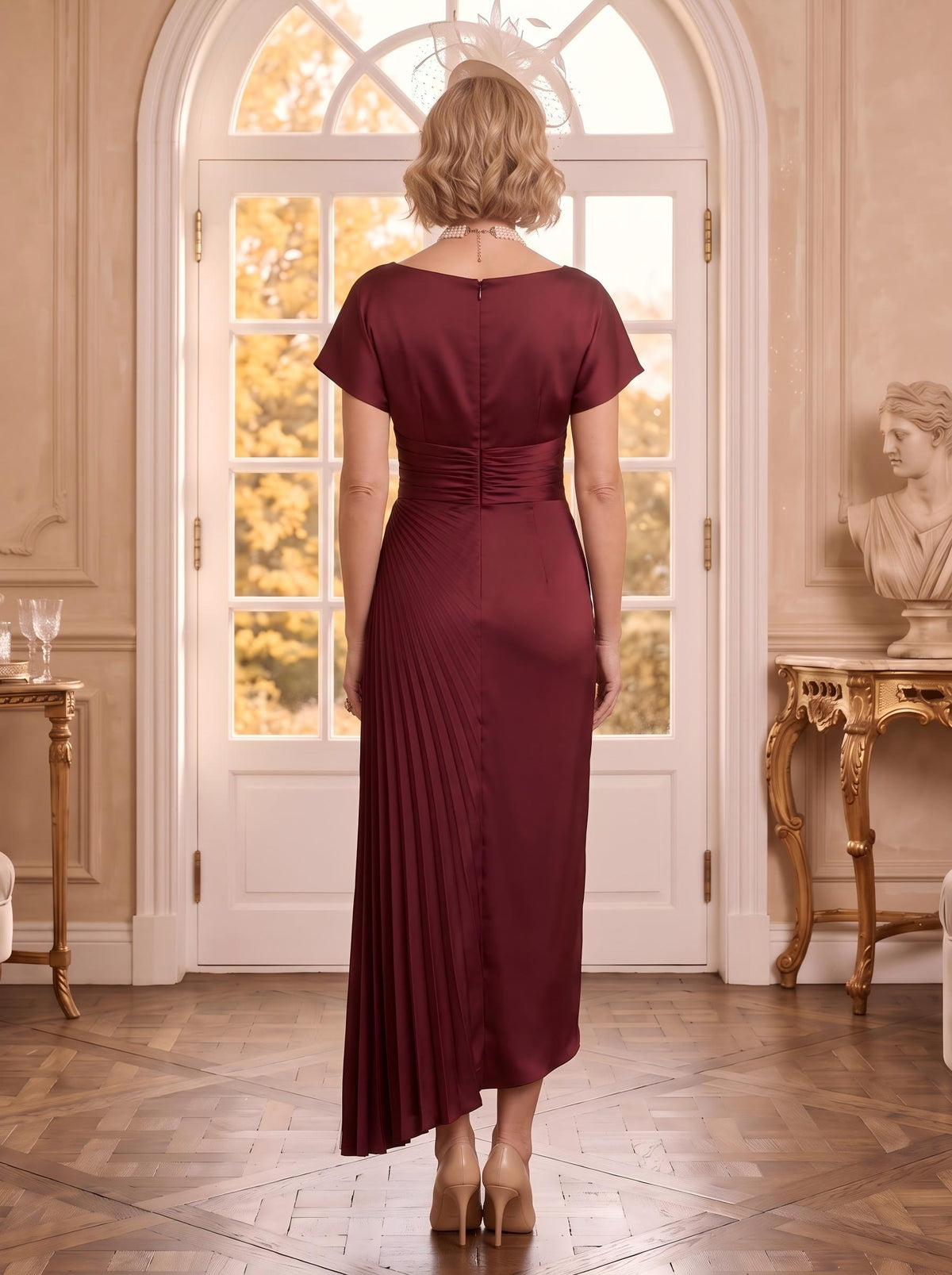 Satin Jewel Short Sleeves Mermaid Mother of the Bride Dresses with Pleated