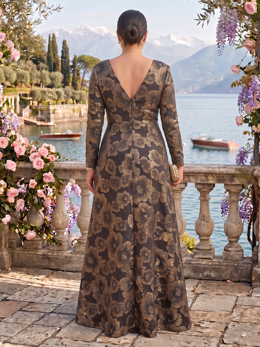Floral Jacquard Satin A Line V Neck Mother of the Bride Dresses