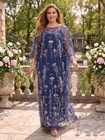Embroidered Tulle Floor Length Scoop Neck Mother of the Bride Dress