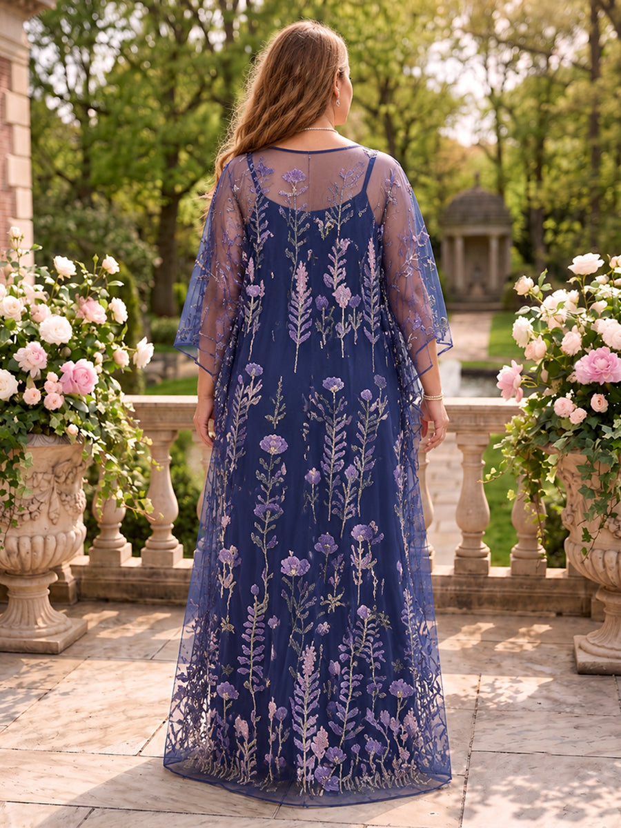 Embroidered Tulle Floor Length Scoop Neck Mother of the Bride Dress