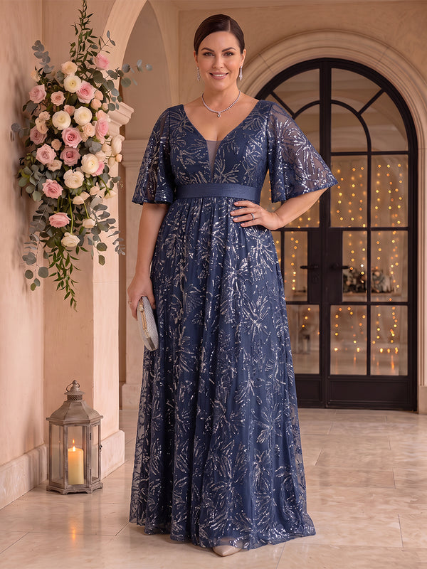 Sequin A Line V Neck Half Sleeves Mother of the Bride Dresses