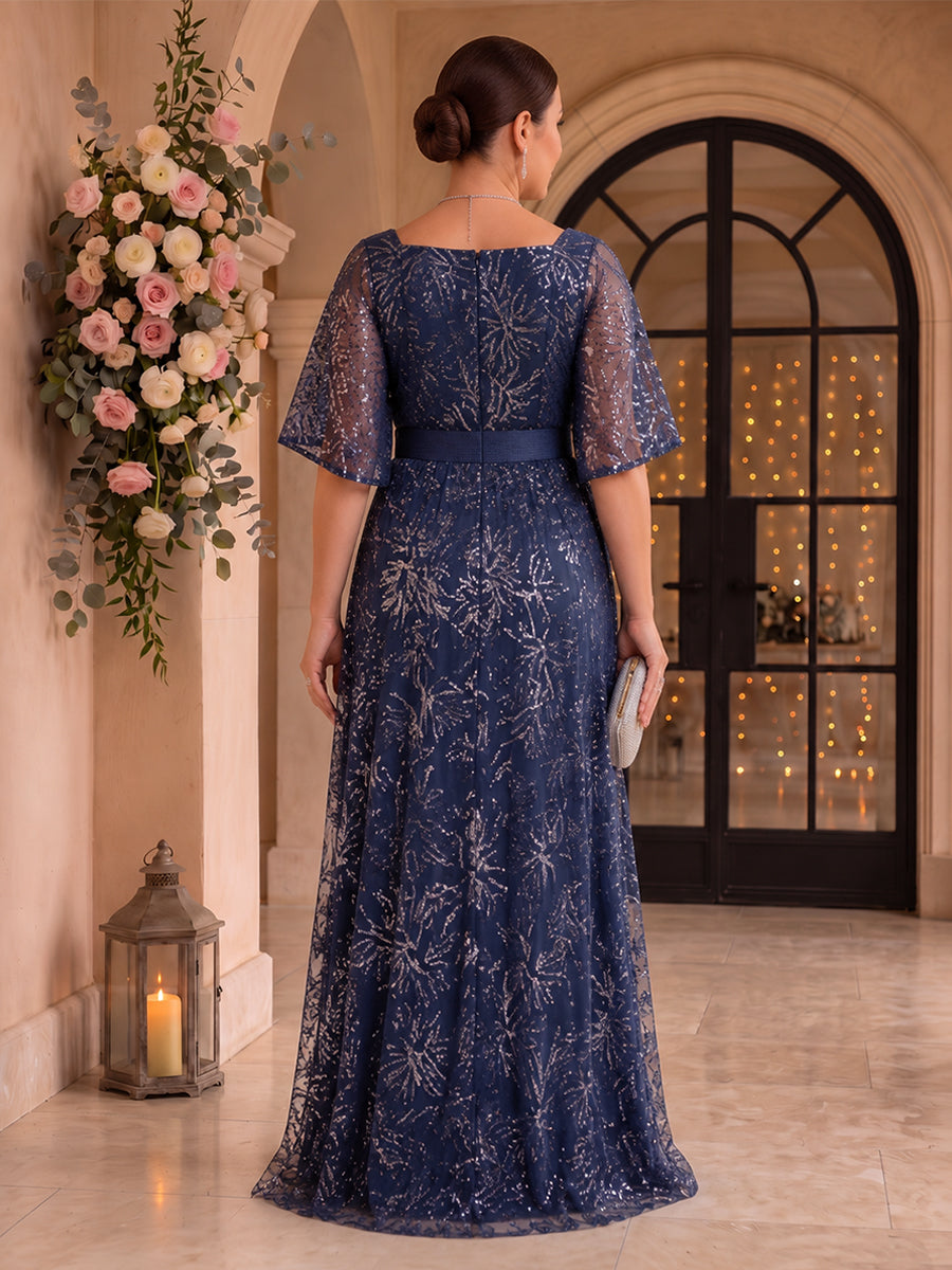 Sequin A Line V Neck Half Sleeves Mother of the Bride Dresses