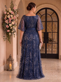 Sequin A Line V Neck Half Sleeves Mother of the Bride Dresses