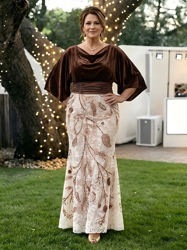 Velvet Embroidered Mermaid Cowl Neck Mother of the Bride Dresses