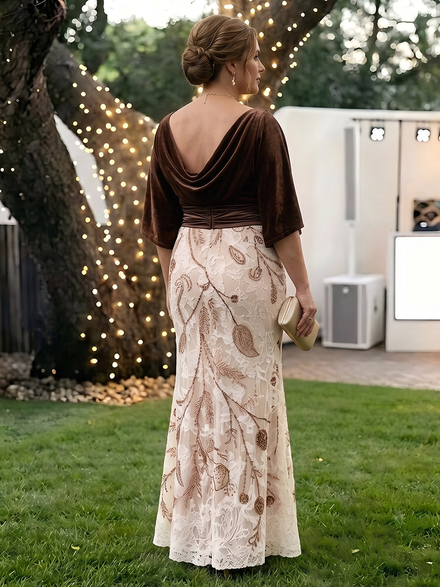 Velvet Embroidered Mermaid Cowl Neck Mother of the Bride Dresses