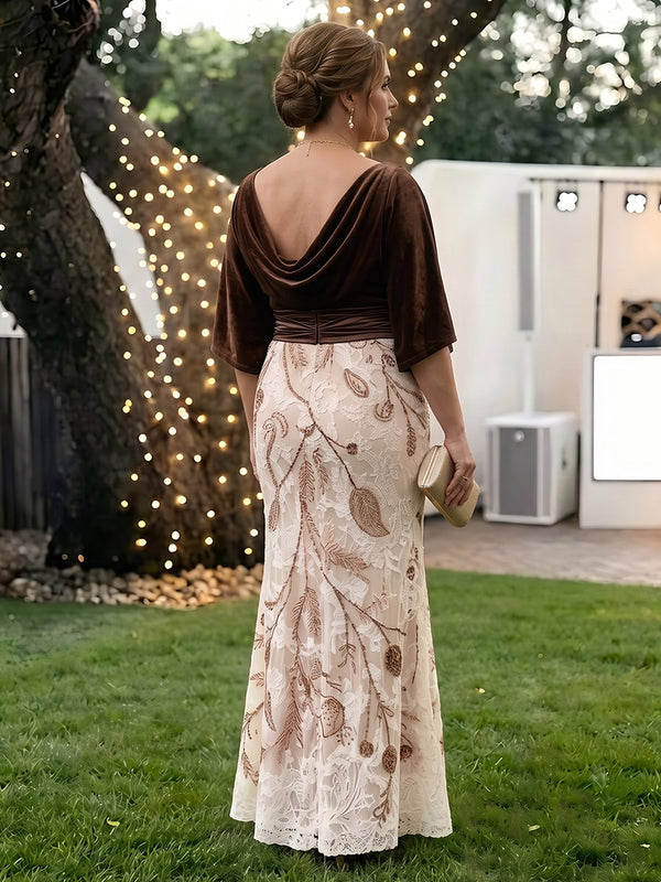 Velvet Embroidered Mermaid Cowl Neck Mother of the Bride Dresses