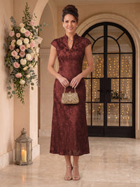 Embroidered Sequin High Neck Column Mother of the Bride Dresses
