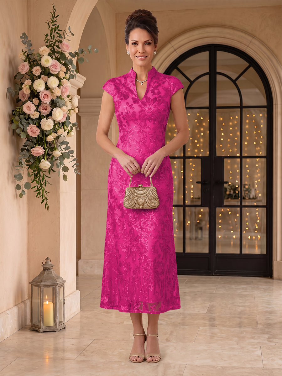 Embroidered Sequin High Neck Column Mother of the Bride Dresses