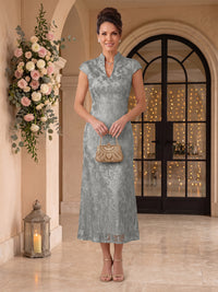Embroidered Sequin High Neck Column Mother of the Bride Dresses