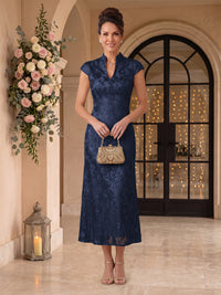 Embroidered Sequin High Neck Column Mother of the Bride Dresses