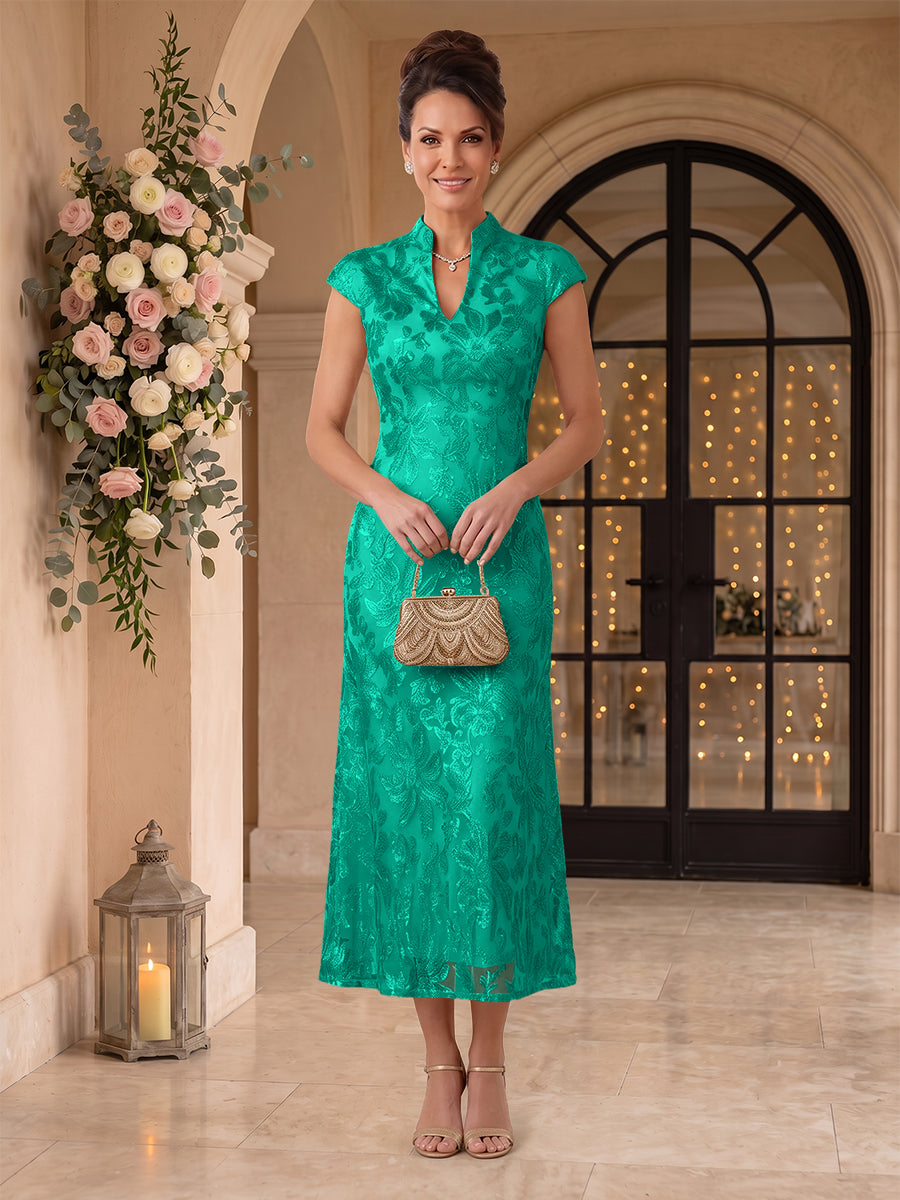 Embroidered Sequin High Neck Column Mother of the Bride Dresses