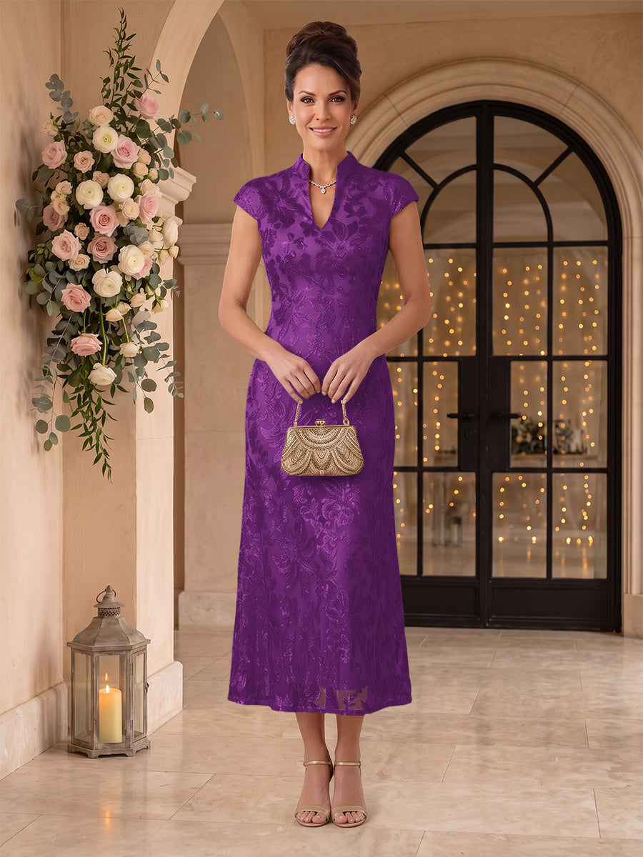 Embroidered Sequin High Neck Column Mother of the Bride Dresses