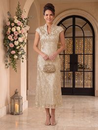 Embroidered Sequin High Neck Column Mother of the Bride Dresses