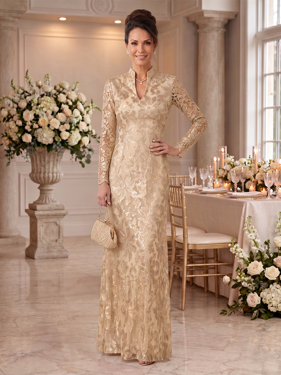 Embroidered Sequin High Neck Column Mother of the Bride Dresses