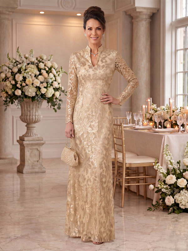 Embroidered Sequin High Neck Column Mother of the Bride Dresses