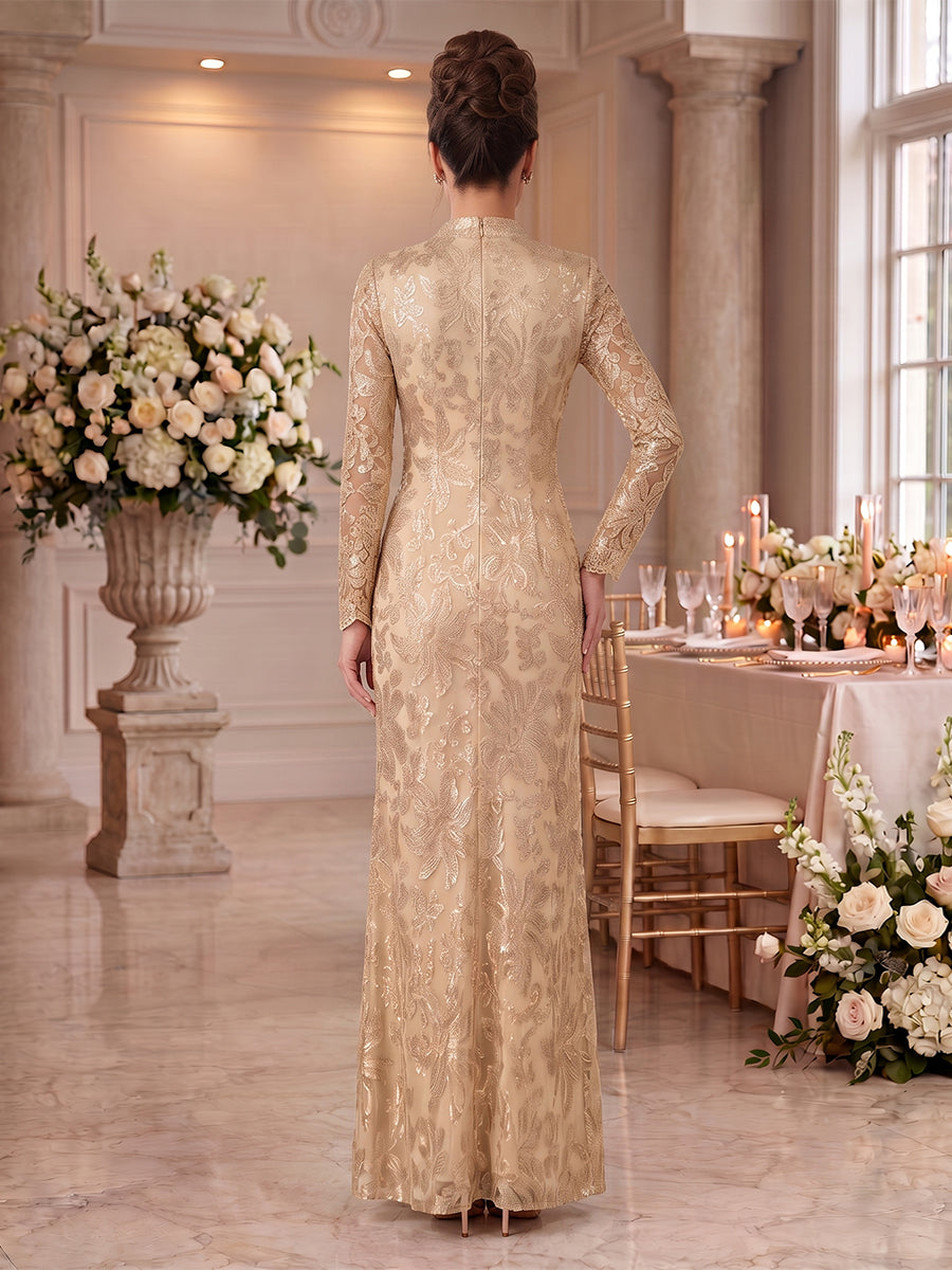 Embroidered Sequin High Neck Column Mother of the Bride Dresses