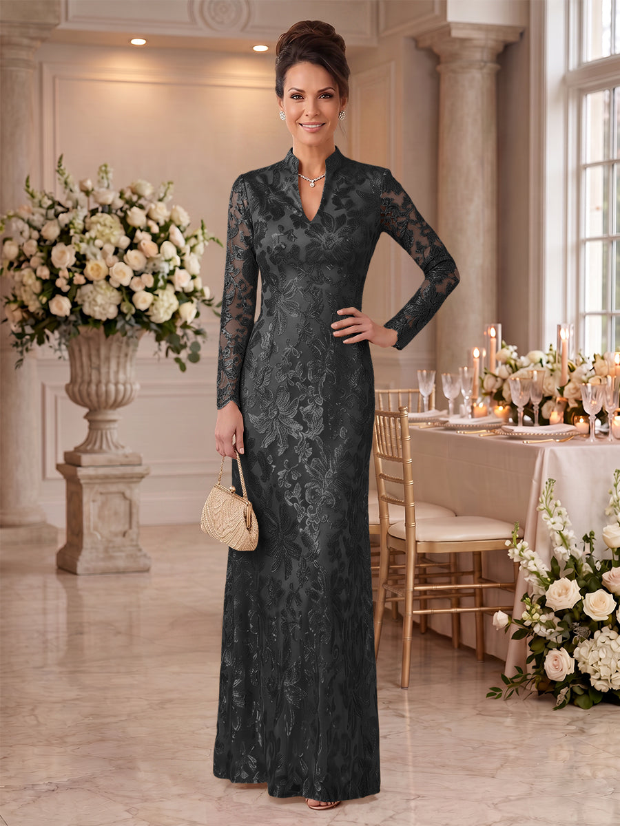 Embroidered Sequin High Neck Column Mother of the Bride Dresses