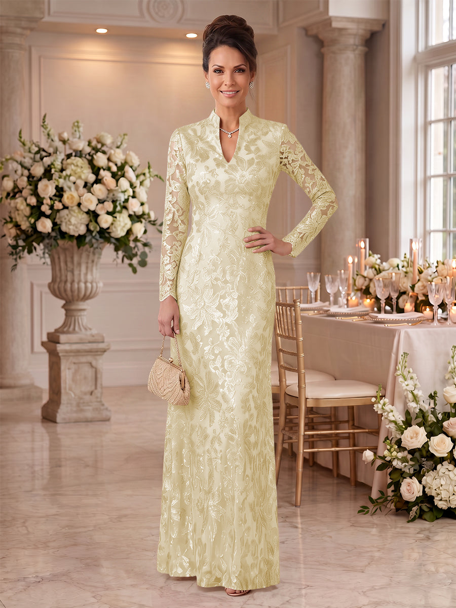 Embroidered Sequin High Neck Column Mother of the Bride Dresses