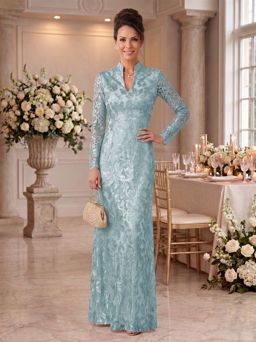 Embroidered Sequin High Neck Column Mother of the Bride Dresses