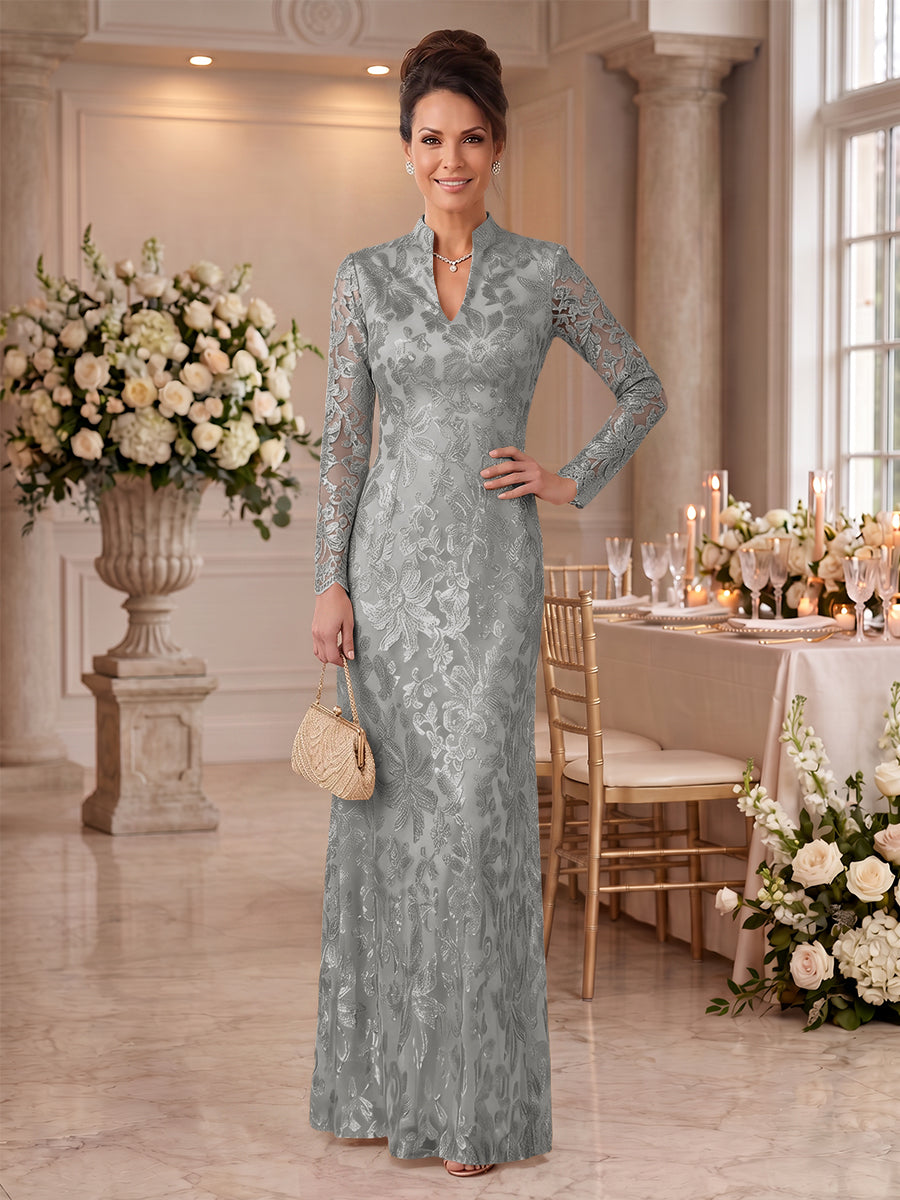 Embroidered Sequin High Neck Column Mother of the Bride Dresses