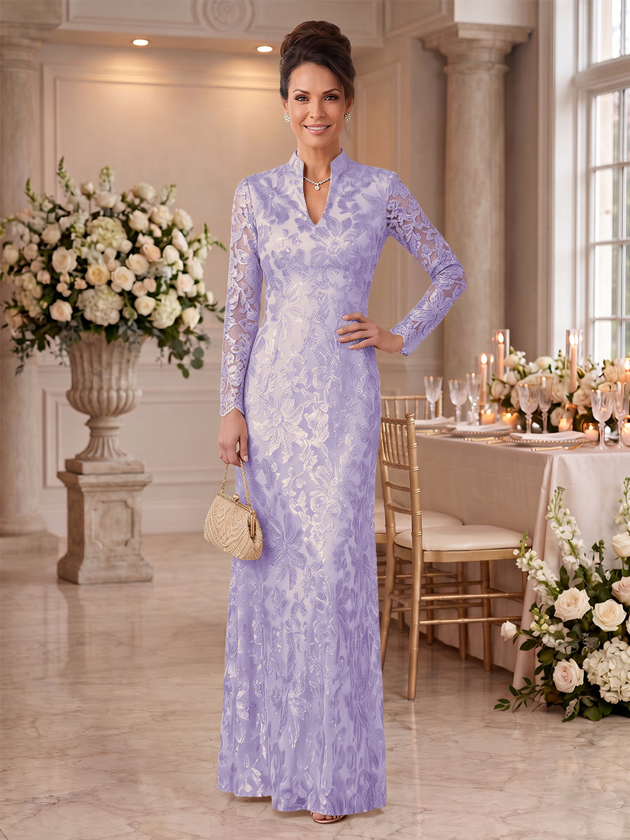 Embroidered Sequin High Neck Column Mother of the Bride Dresses