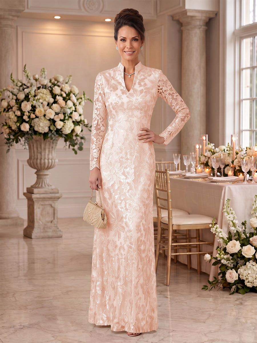 Embroidered Sequin High Neck Column Mother of the Bride Dresses