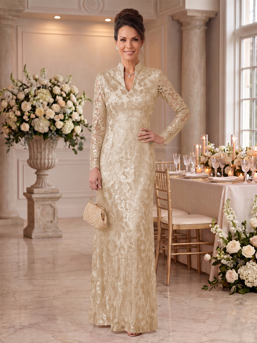 Embroidered Sequin High Neck Column Mother of the Bride Dresses