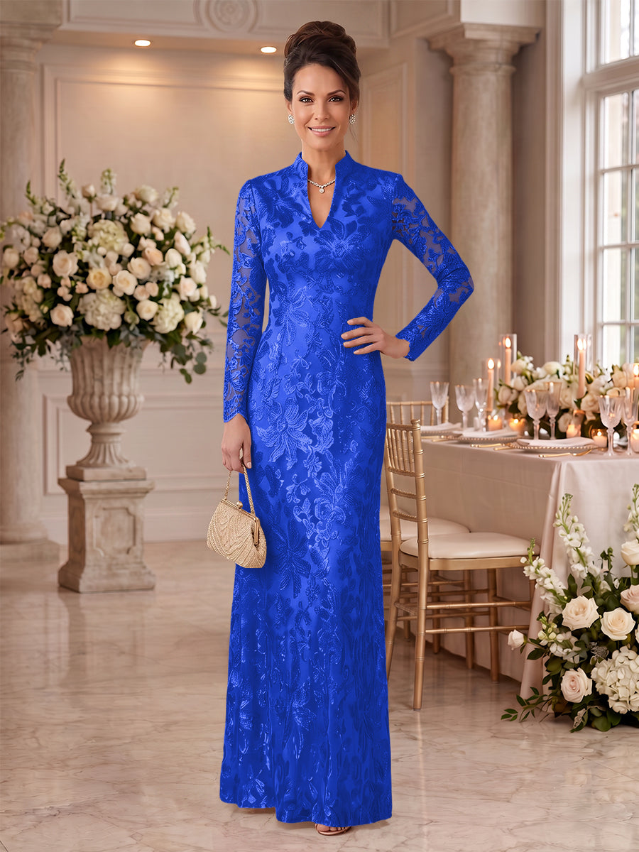 Embroidered Sequin High Neck Column Mother of the Bride Dresses