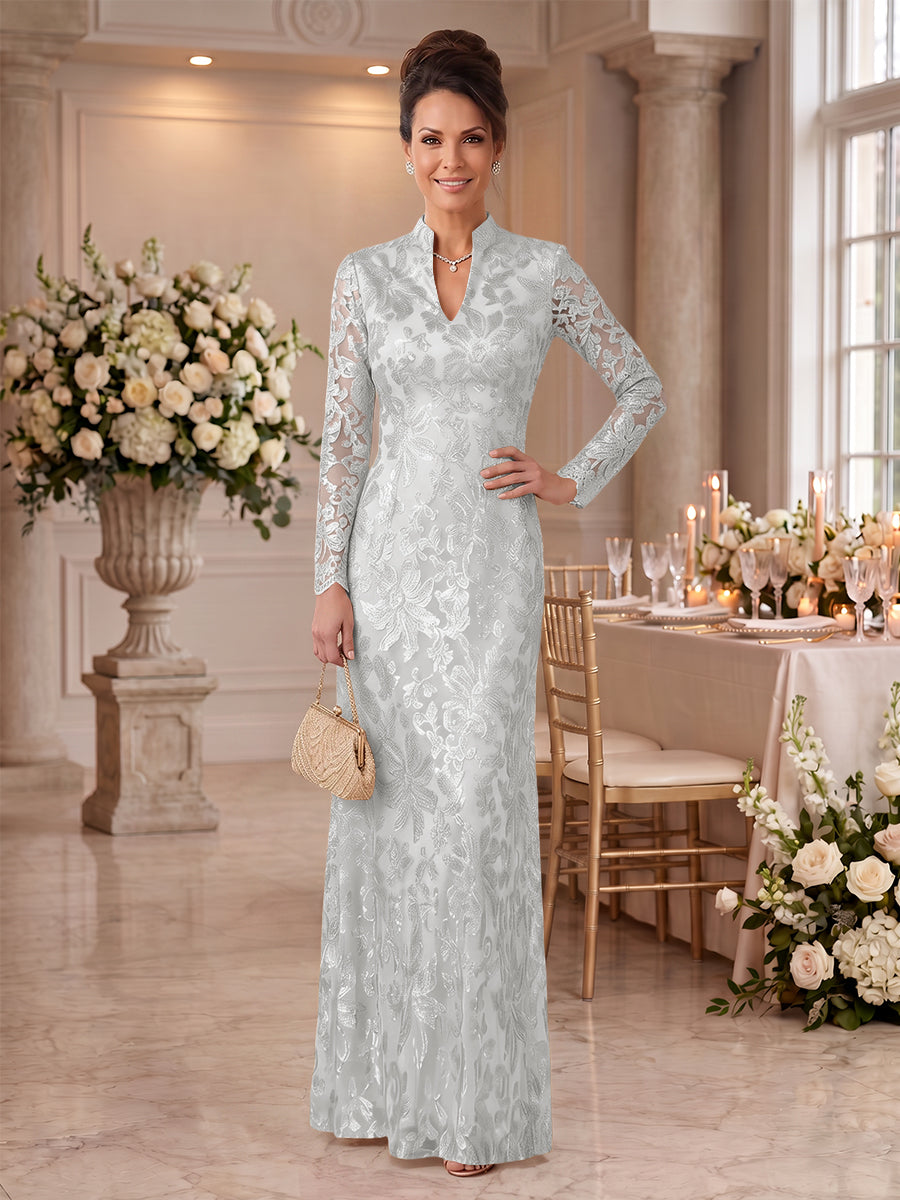 Embroidered Sequin High Neck Column Mother of the Bride Dresses