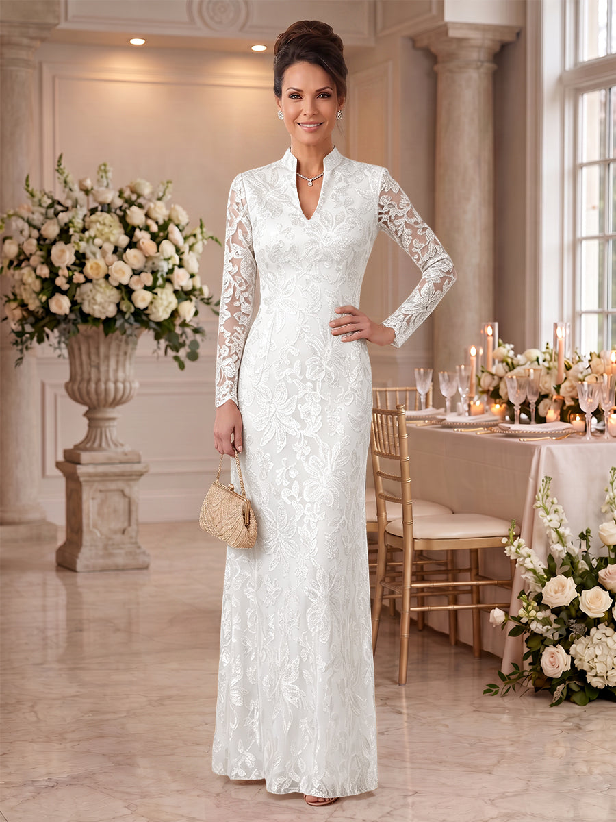 Embroidered Sequin High Neck Column Mother of the Bride Dresses